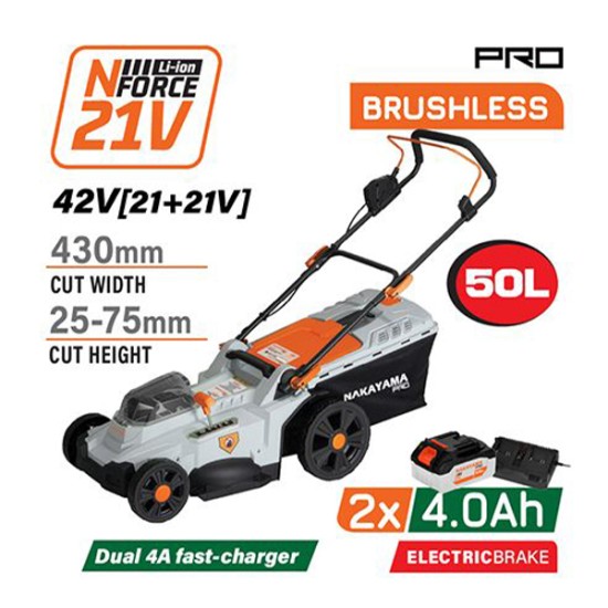 NAKAYAMA Pro EC1726X44 Μηχανή Γκαζόν Μπαταρίας Brushless 42V,Li-Ion,2x4Ah,4A,Κοπή 43cm