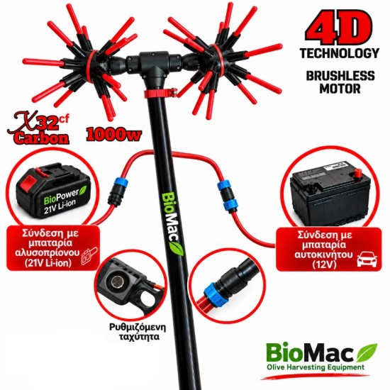 Ελαιοραβδιστικό Αχινός 4D BioMac 1000W Brushless 12–24V με Ανθρακονήμα 2,4m – Για Μπαταρίες Τύπου Makita 21V Ελαιοραβδιστικό Αχινός 4D BioMac 1000W Brushless 12–24V με Ανθρακονήμα 2,4m – Για Μπαταρίες Τύπου Makita 21V