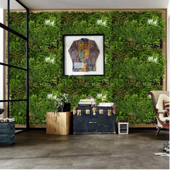 Συνθετικό Διακοσμητικό Πάνελ  Πυκνή Φυλλωσιά Τρισδιάστατη όψη Πράσινου με Φτέρες Λευκές πλακίδιο 1μ Χ1 μ 