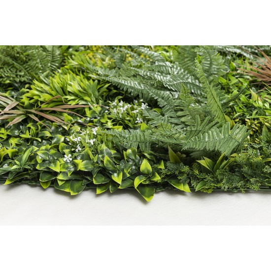 Συνθετικό Διακοσμητικό Πάνελ  Πυκνή Φυλλωσιά Τρισδιάστατη όψη Πράσινου με Φτέρες Λευκές πλακίδιο 1μ Χ1 μ 