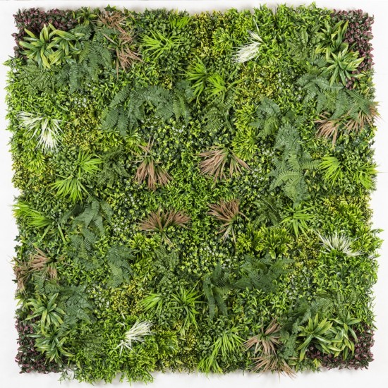 Συνθετικό Διακοσμητικό Πάνελ  Πυκνή Φυλλωσιά Τρισδιάστατη όψη Πράσινου με Φτέρες Λευκές πλακίδιο 1μ Χ1 μ 